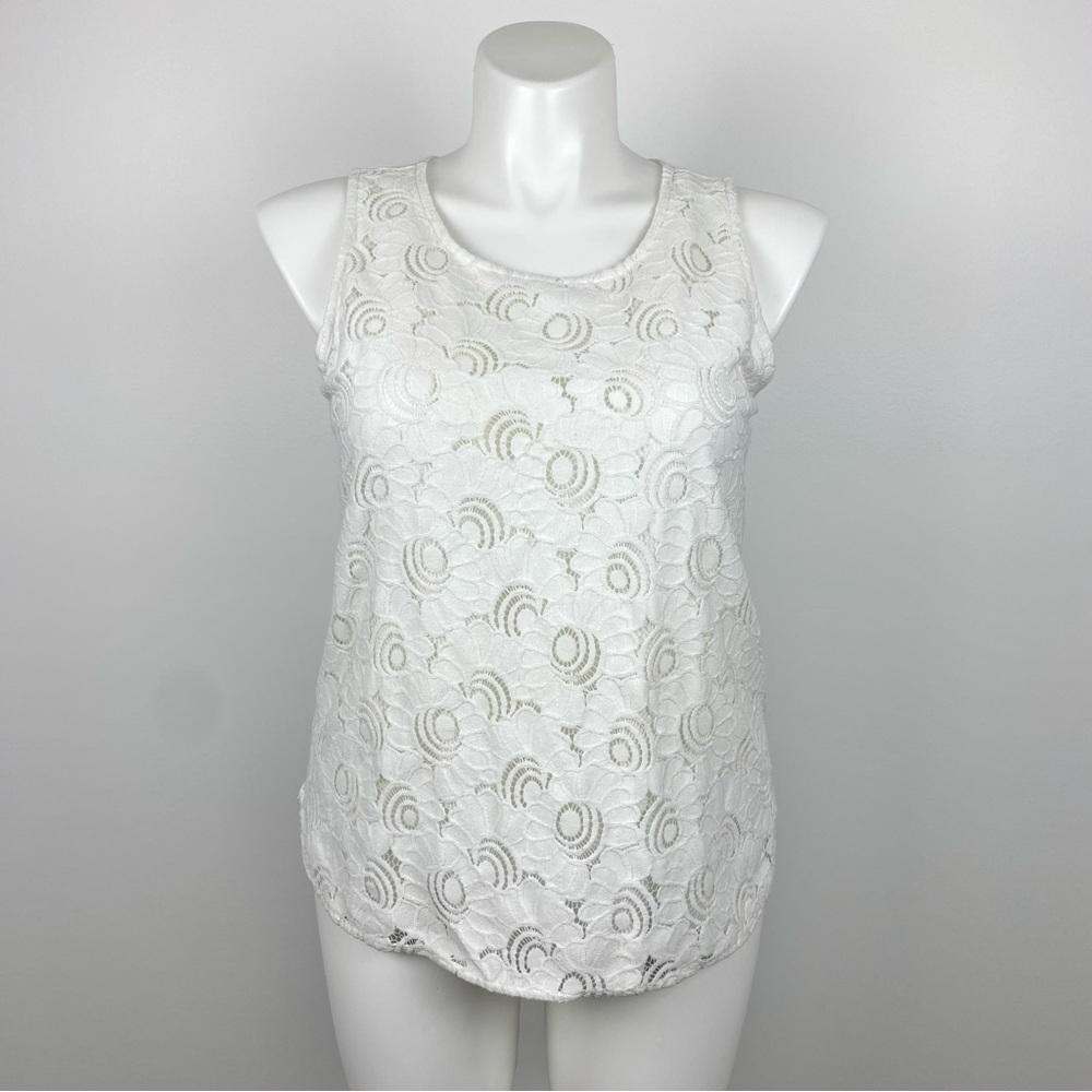 LOFT Lacy Mixed Media Shell White Floral Lace Tank Top L